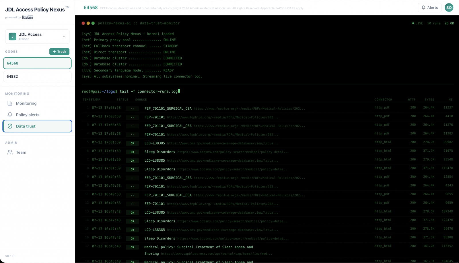 Data trust view: tailing connector-runs.log with a live stream of payer fetches \u2014 timestamps, status codes, HTTP responses, and byte counts