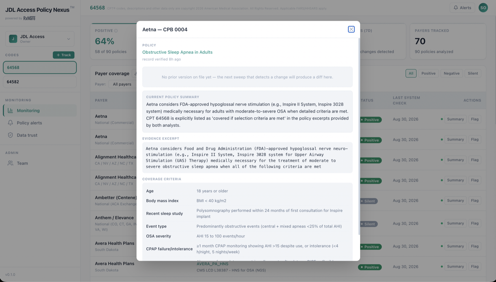 Policy detail view: Aetna CPB 0004 baseline capture \u2014 the next sweep that detects a change produces a diff here