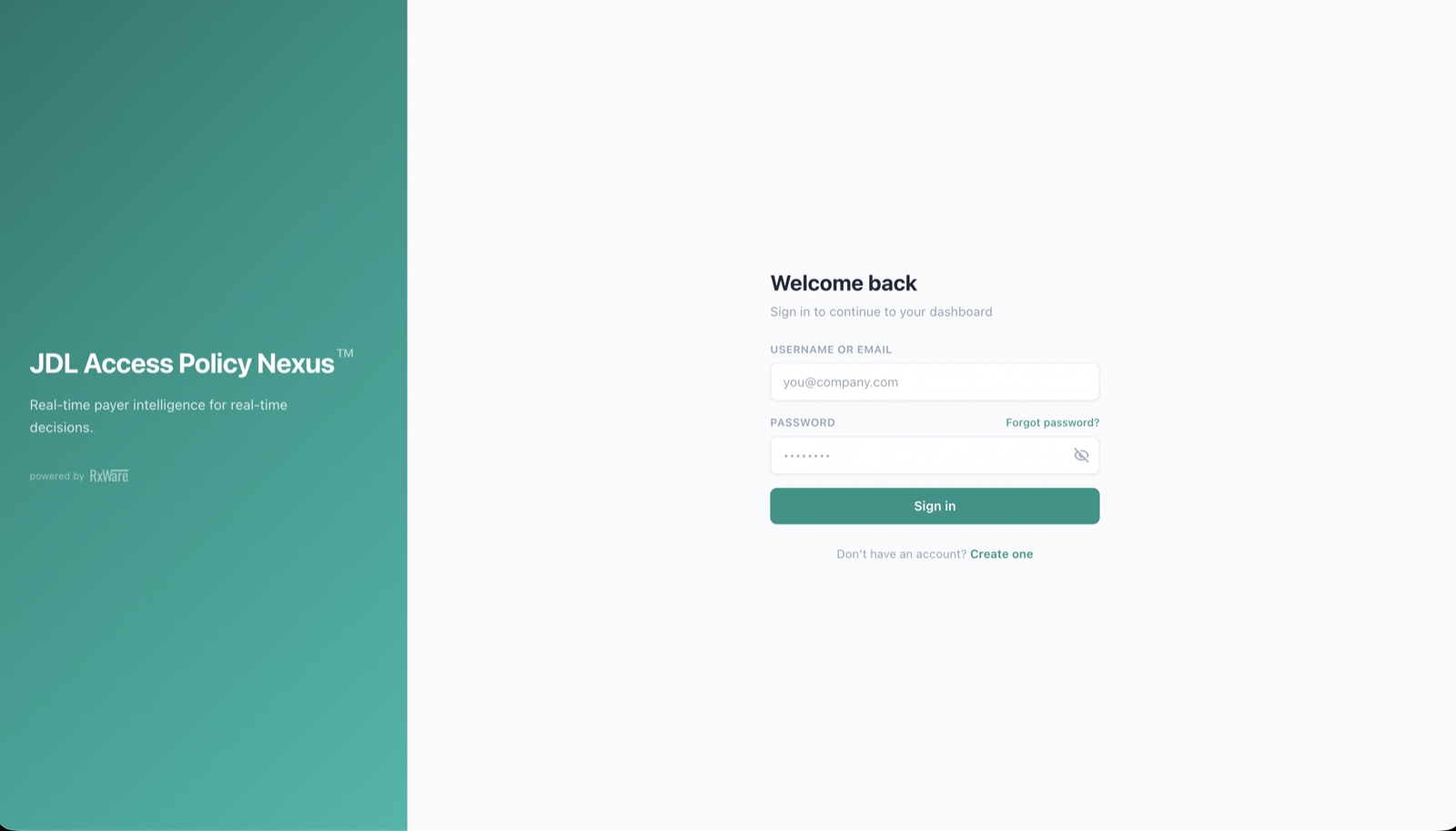 Policy Nexus sign-in screen: teal split panel on the left with the JDL Access Policy Nexus wordmark, sign-in form on the right
